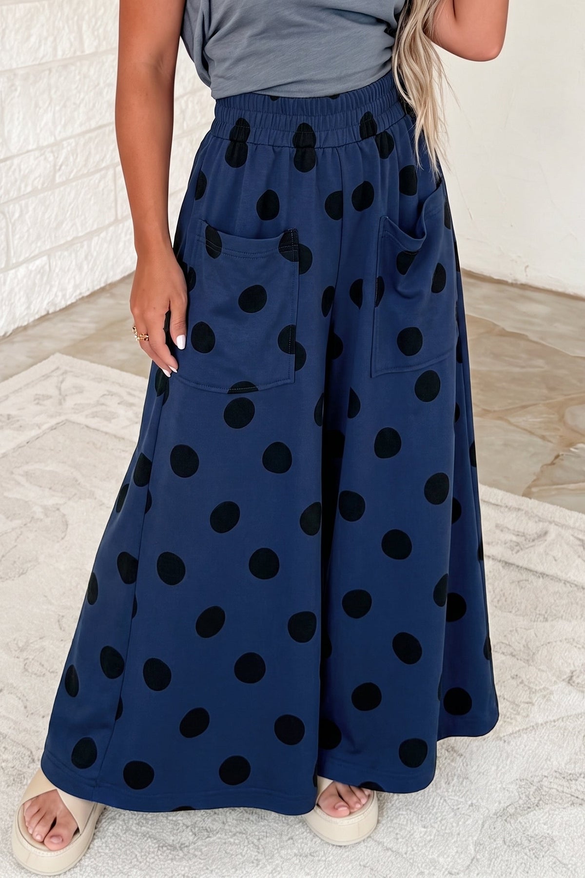 Sail Blue Polka Dot Wide Leg Elastic Waist Casual Pants
