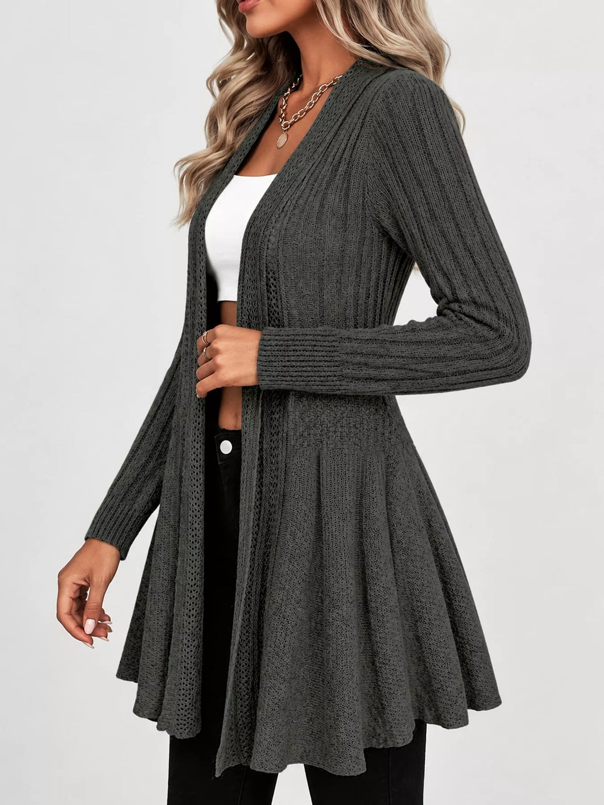 Elegant Ribbed Knit Open Front Flared Cardigan