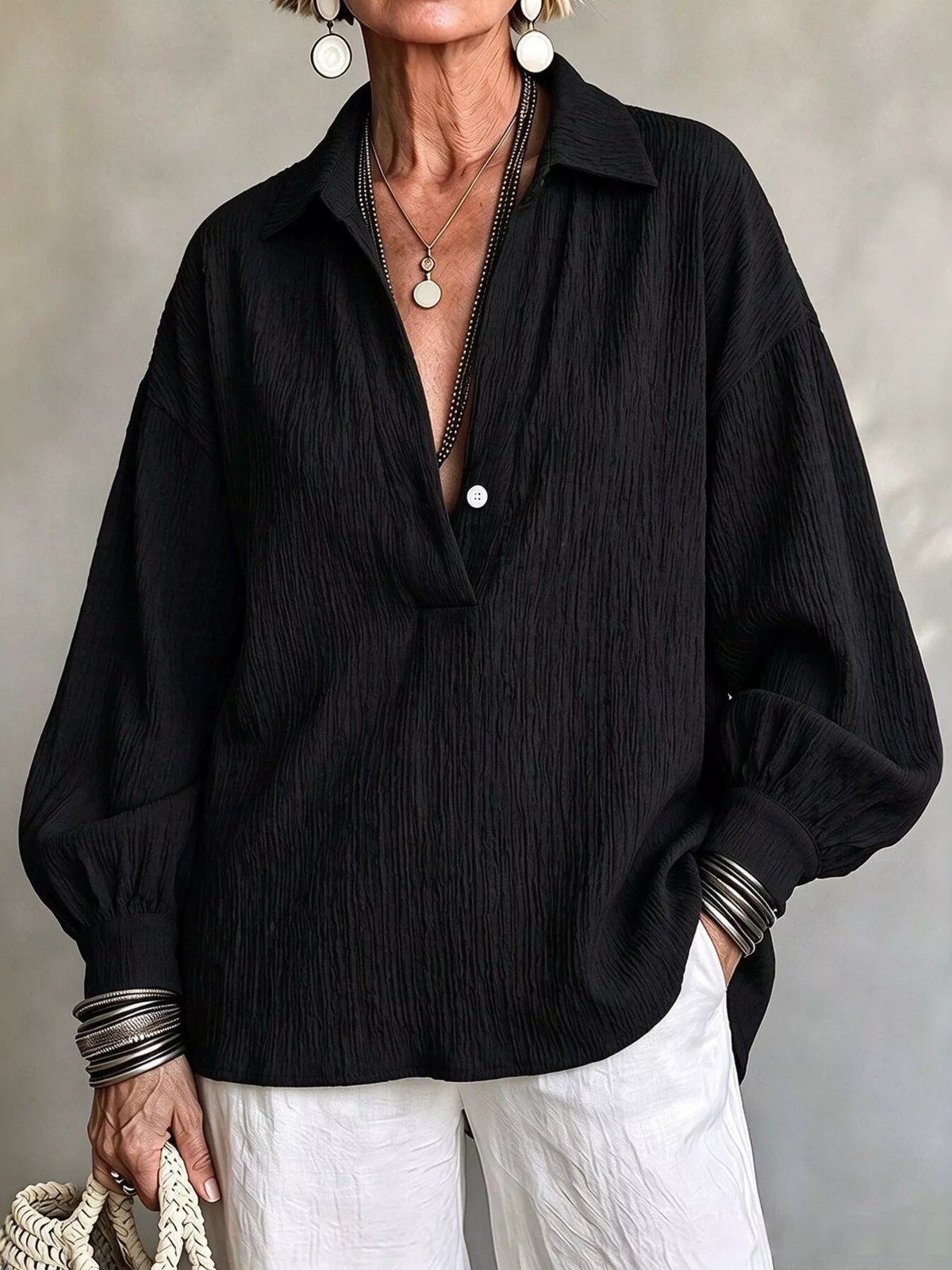 Full Size Textured Lantern Sleeves Blouse Plus Size