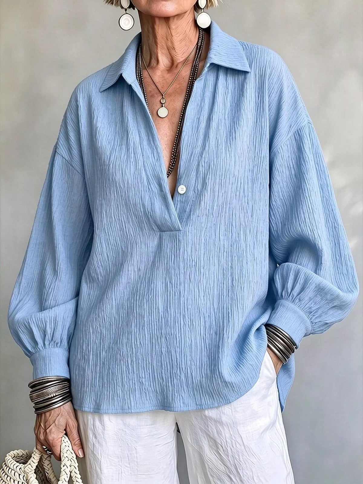 Full Size Textured Lantern Sleeves Blouse Plus Size