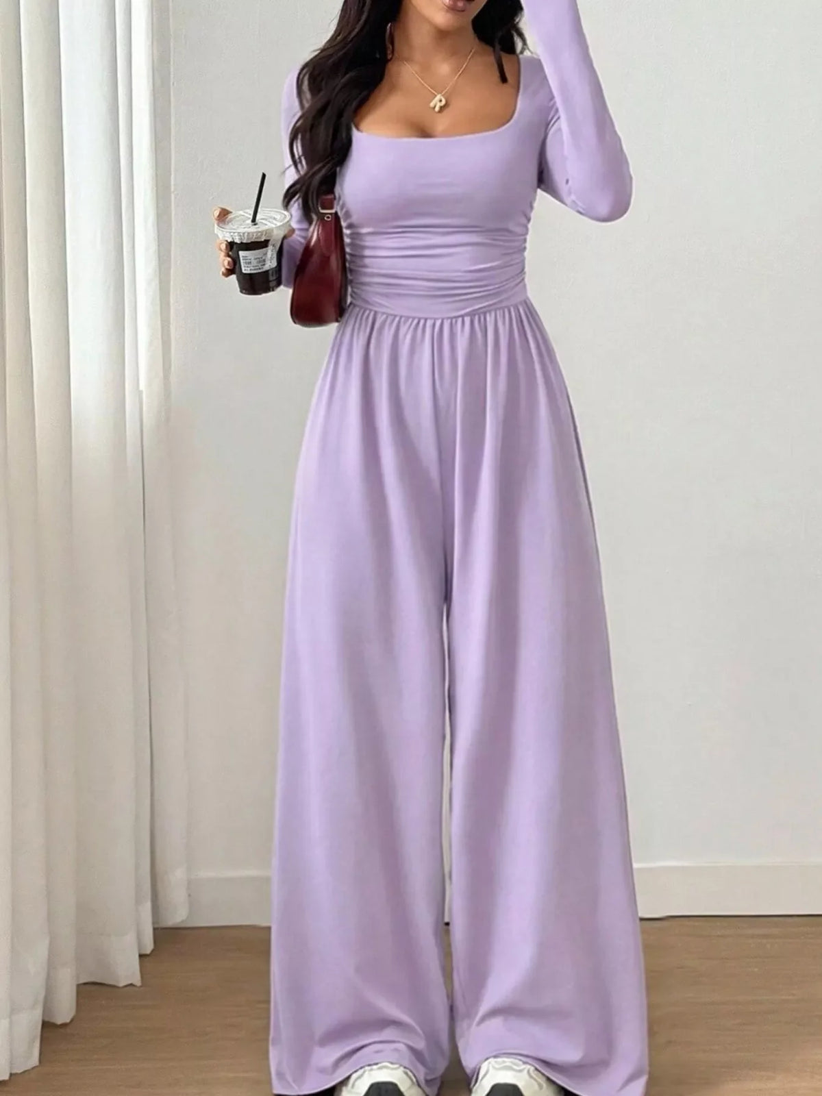 Ruched Square Neck Wide-Leg Jumpsuit