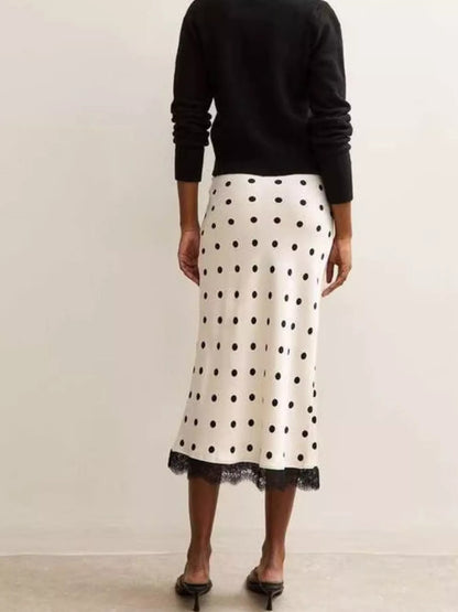 Polka Dot Midi Skirt with Lace Trim