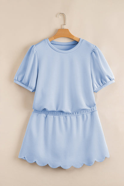 Beau Blue Puff Sleeve Pearl Embellished Scallop Trim Top 2 Piece Skort Set