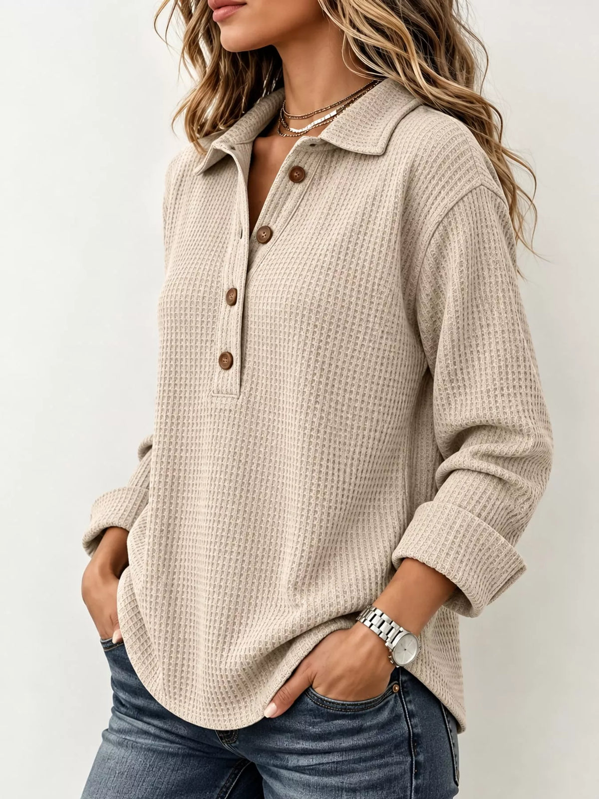 Full Size Waffle Knit Long Sleeve Polo Top Plus Size