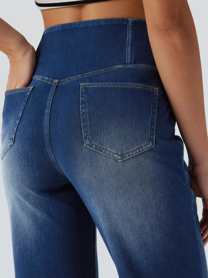 High Waisted Stretch Jeans with Crossover Waist | Straight Leg
