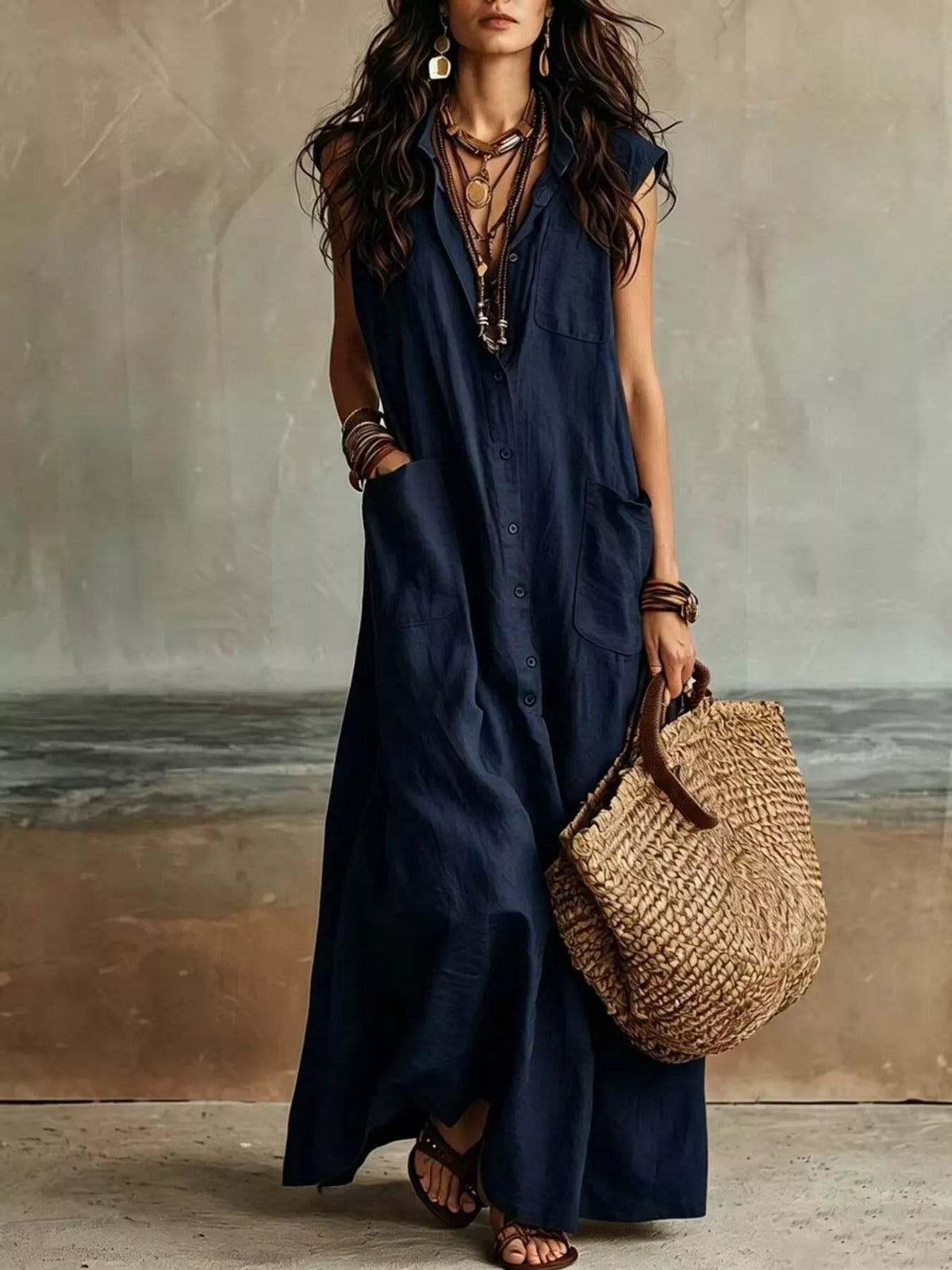 Sleeveless Button-Down Linen Maxi Dress
