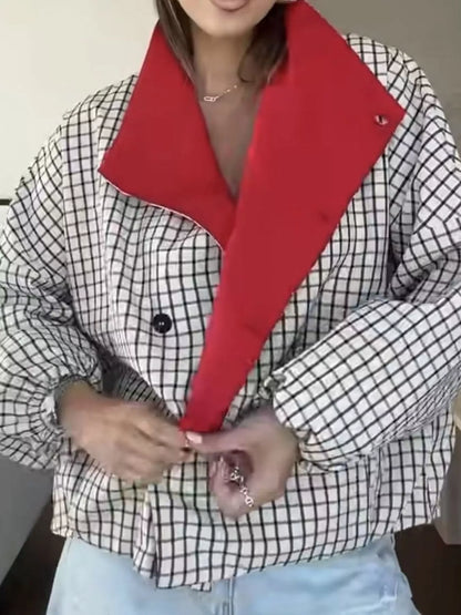 Contrast Lapel Plaid Casual Jacket