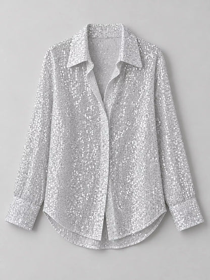 Full Size Sequin Button-Down Shirt Plus Size