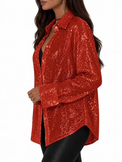 Full Size Sequin Button Up Long Sleeve Shirt Plus Size