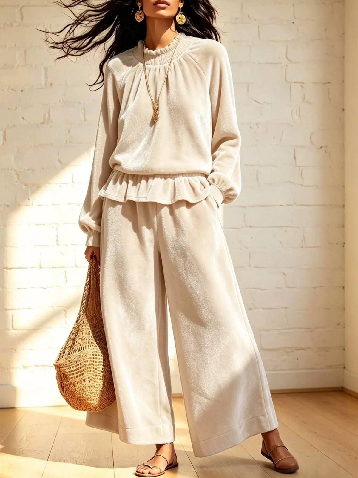 Velvet Ruffled Hem Top and Wide-Leg Pants Set