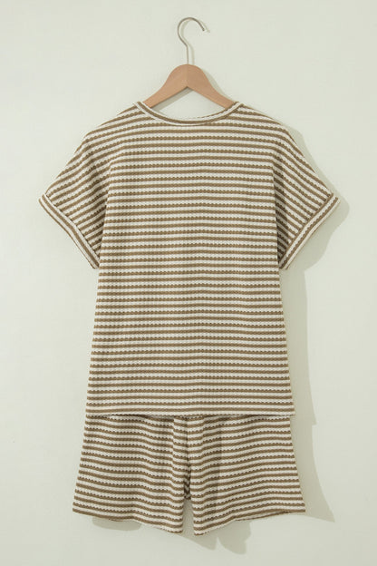 Brown Stripe Breathable Textured Knit Short 2pcs Set