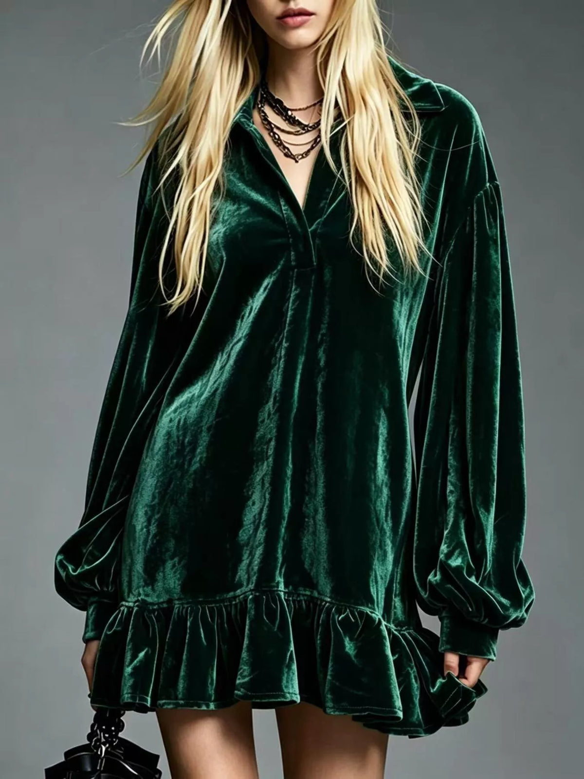 Full Size Velvet Long-Sleeve Ruffle Hem Mini Dress Plus Size