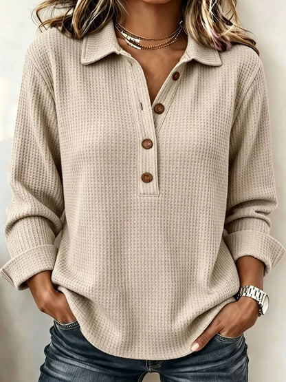 Full Size Waffle Knit Long Sleeve Polo Top Plus Size
