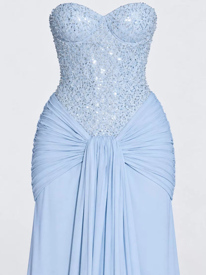 Elegant Strapless Sequin Corset Maxi Dress with Draped Waist Detail