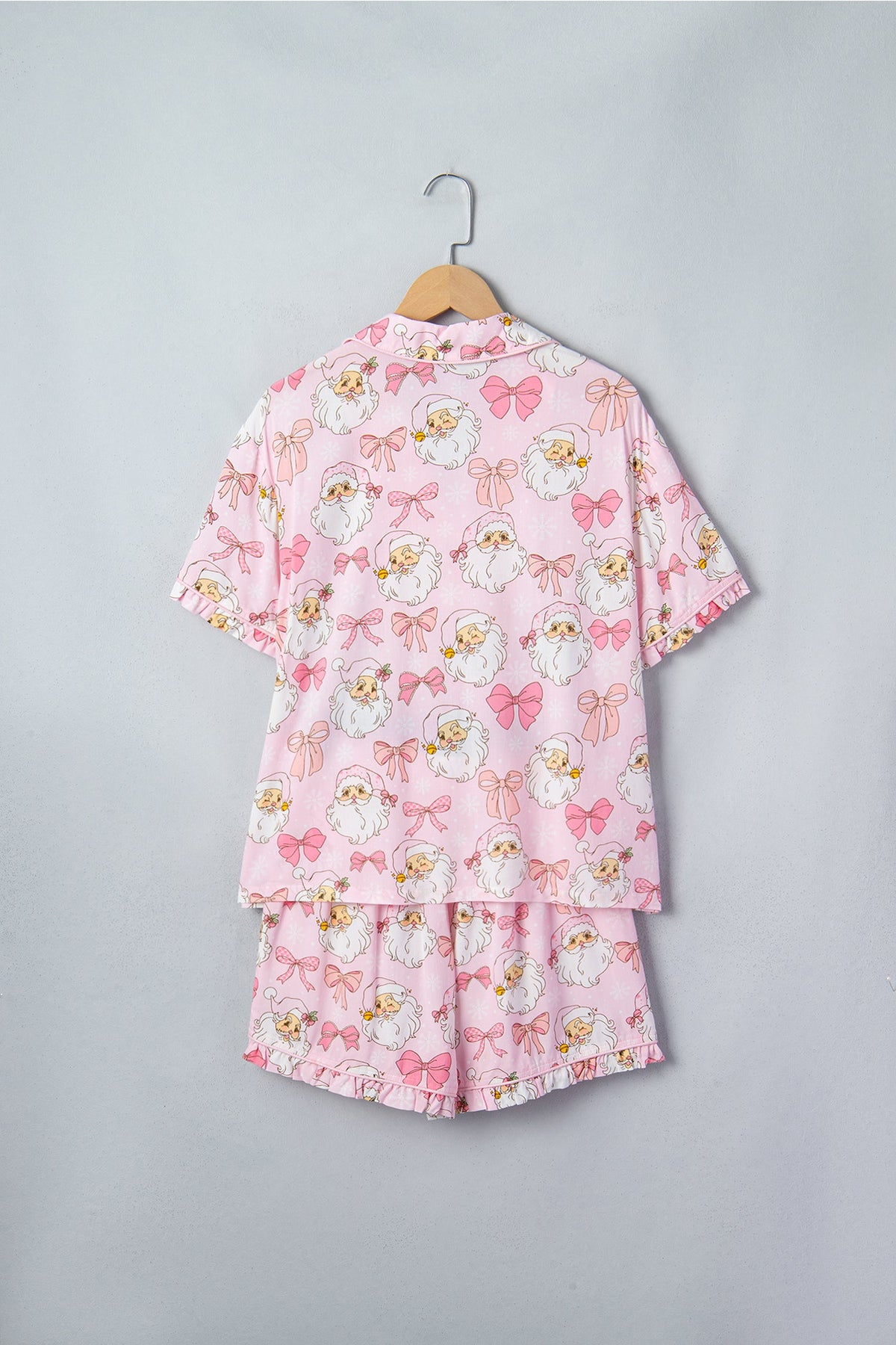 Pink Santa Print Paneling Shift Silhouette Short Sleeve Lounge Set