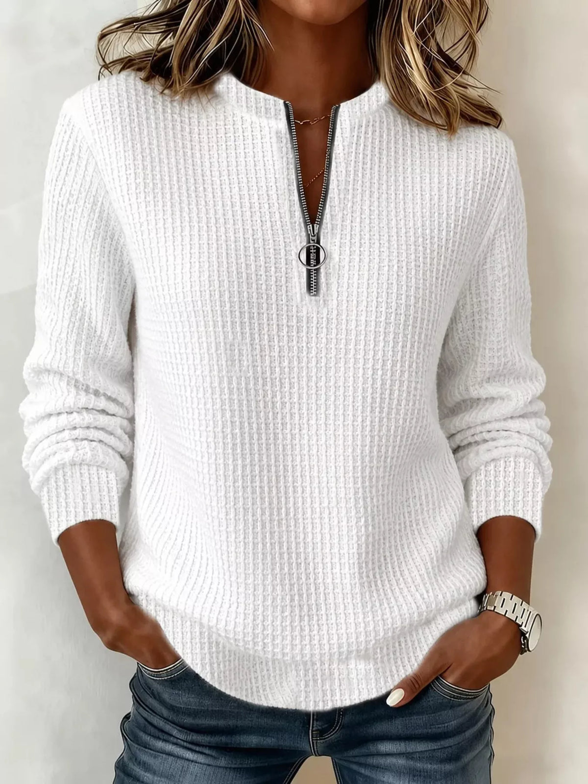 Full Size Quarter-Zip Waffle Knit Sweatshirt Plus Size