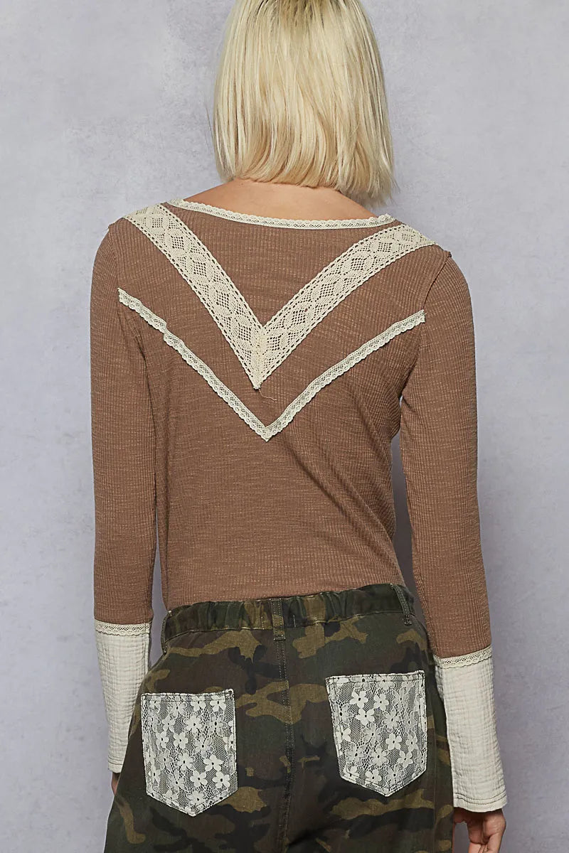 POL Ribbed Half Button Lace Detail Knit Top
