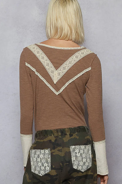 POL Ribbed Half Button Lace Detail Knit Top