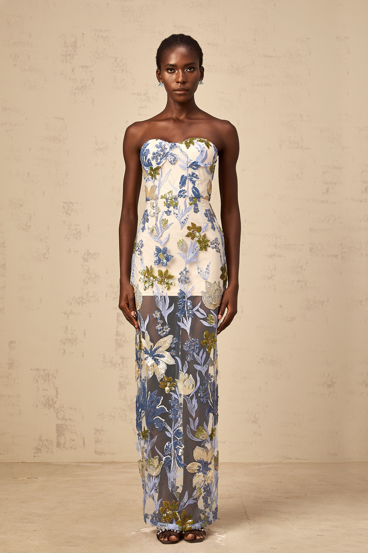 Patricia blue sequined flower-embroidered corset tulle maxi dress