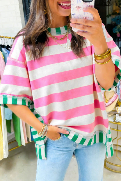 Pink Stripe Exposed Seam Contrast Patchwork Oversized Top