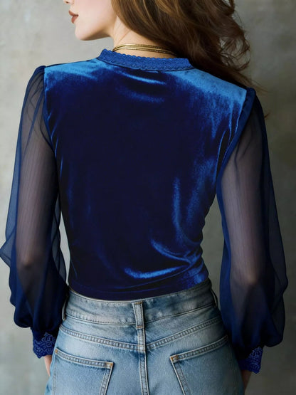Lace-Trim Sheer Long Sleeve Blouse