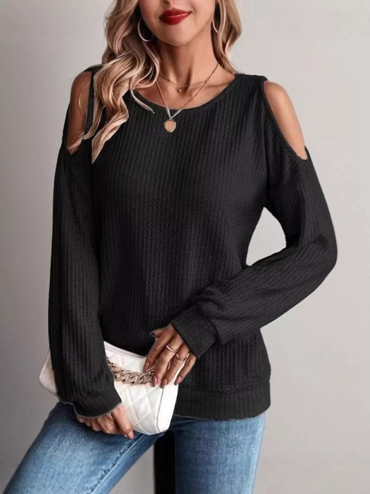 Solid Color Cold Shoulder Long Sleeve T-Shirt