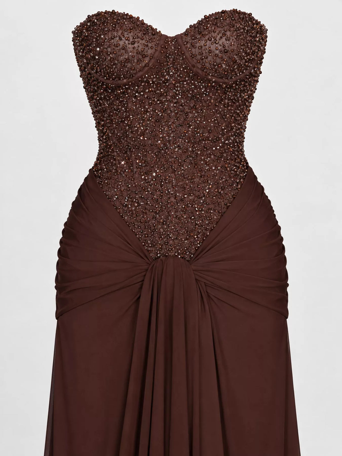 Elegant Strapless Sequin Corset Maxi Dress with Draped Waist Detail