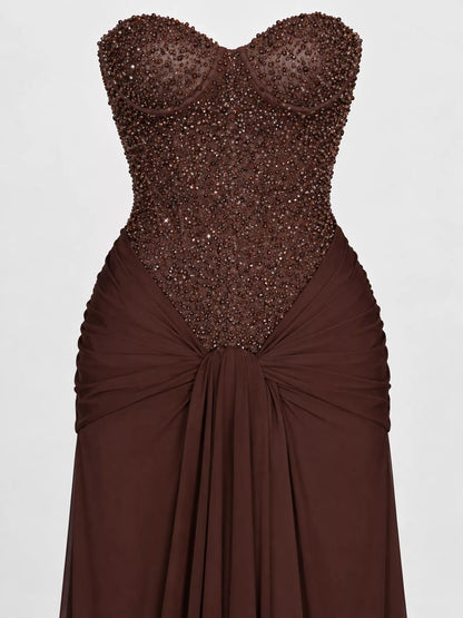 Elegant Strapless Sequin Corset Maxi Dress with Draped Waist Detail
