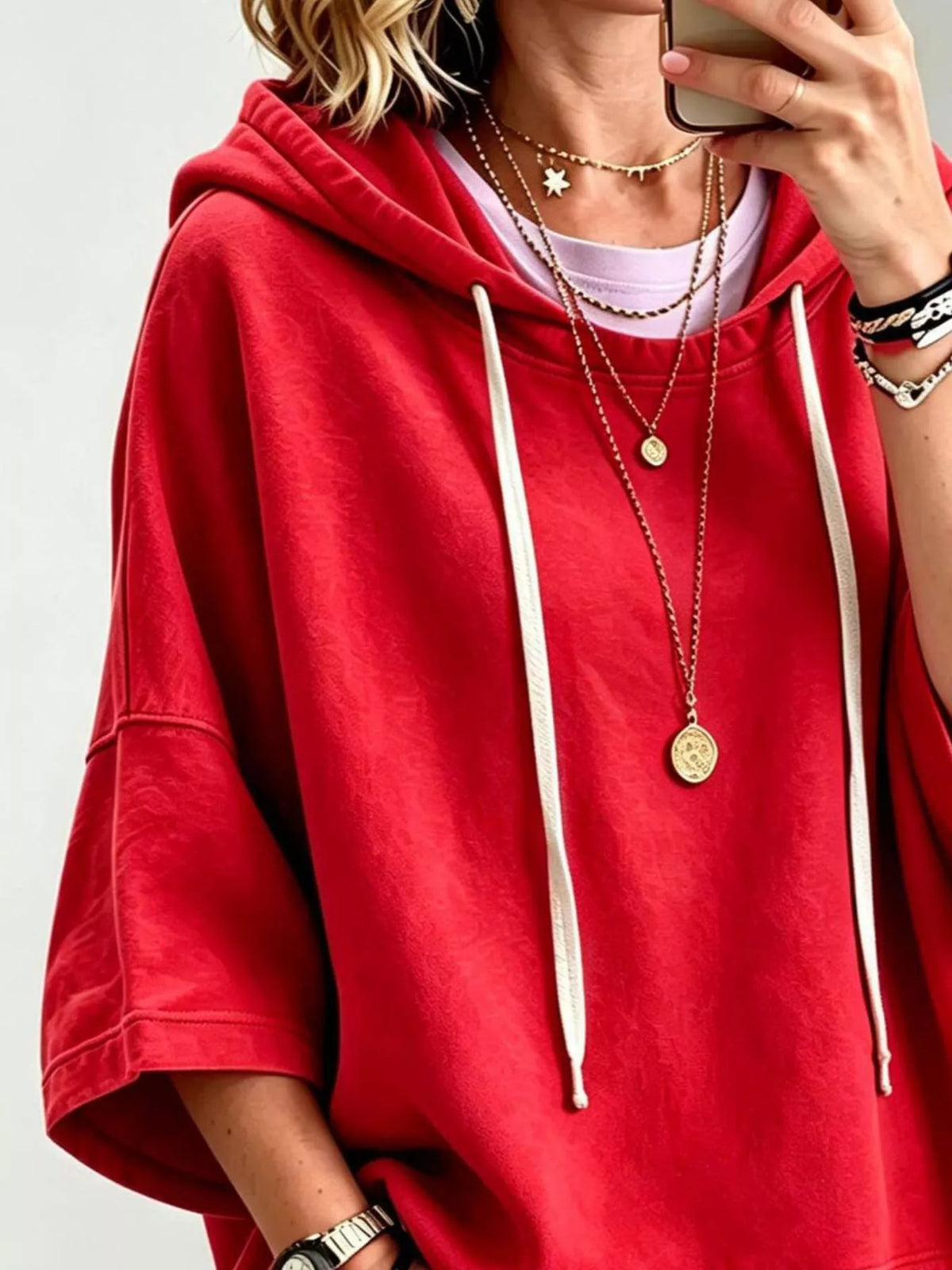 Drawstring 3/4 Sleeve Hoodie