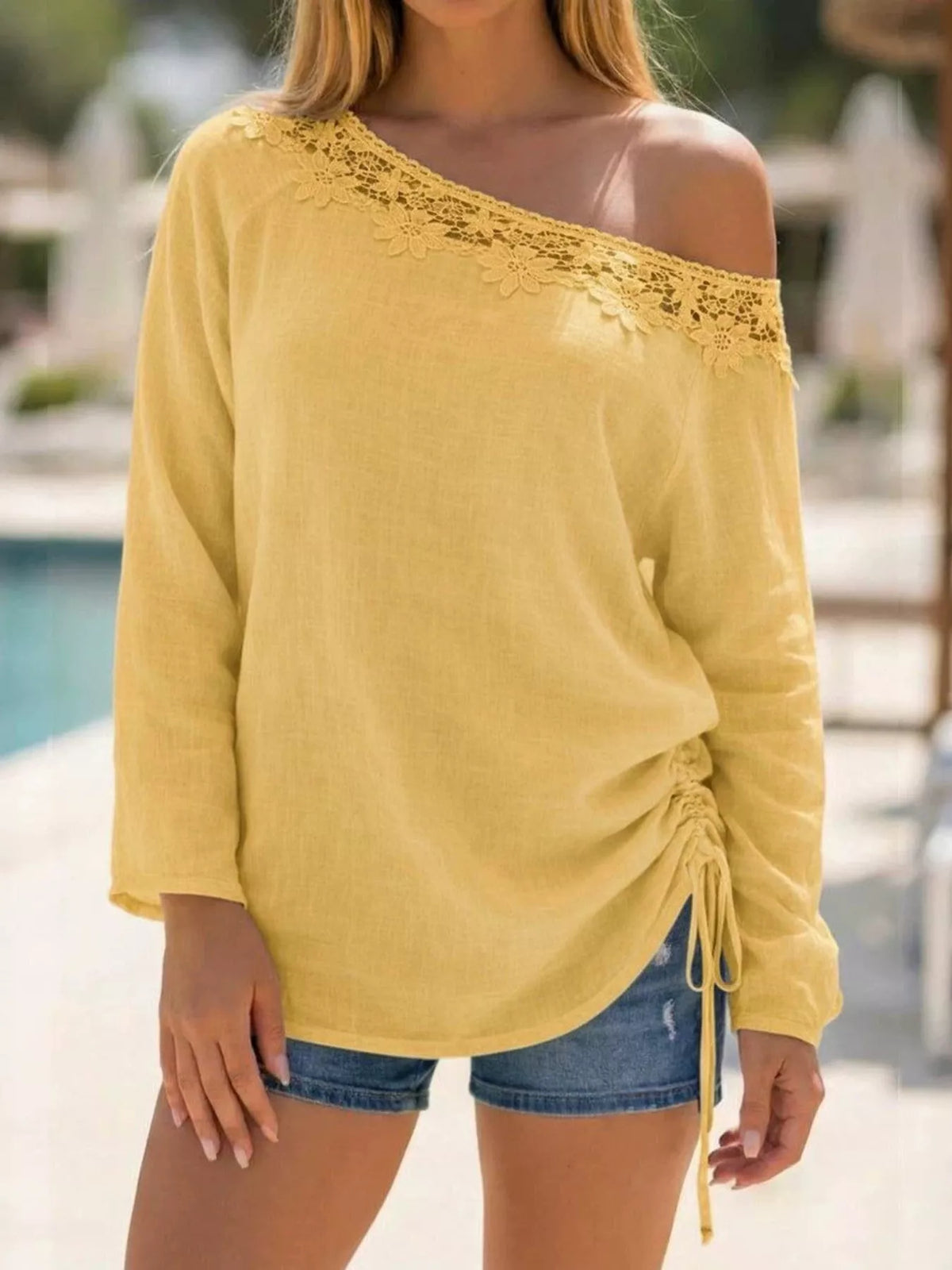 Lace Trim One Shoulder Ruched Top