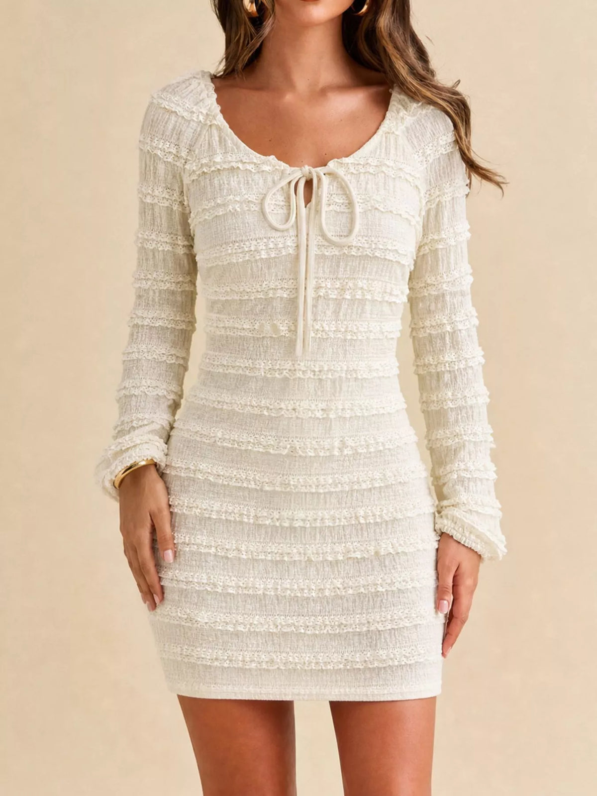 Textured Long-Sleeve Bodycon Mini Dress with Tie-Front