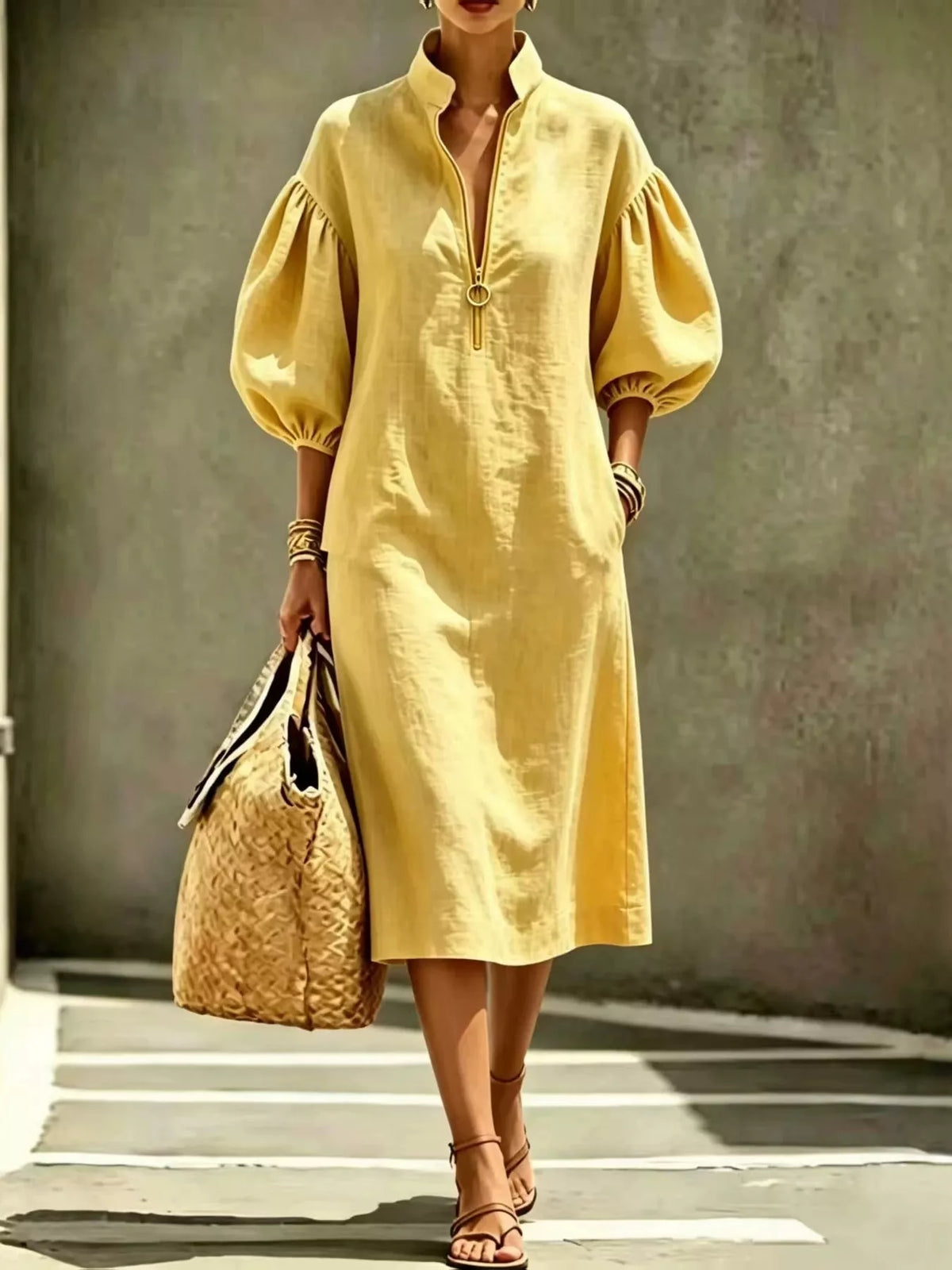 Half-Zip Puff Sleeve Midi Dress