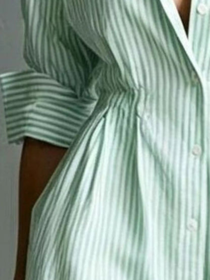 Striped Button-Down Shirt Dress with Contrast Hem