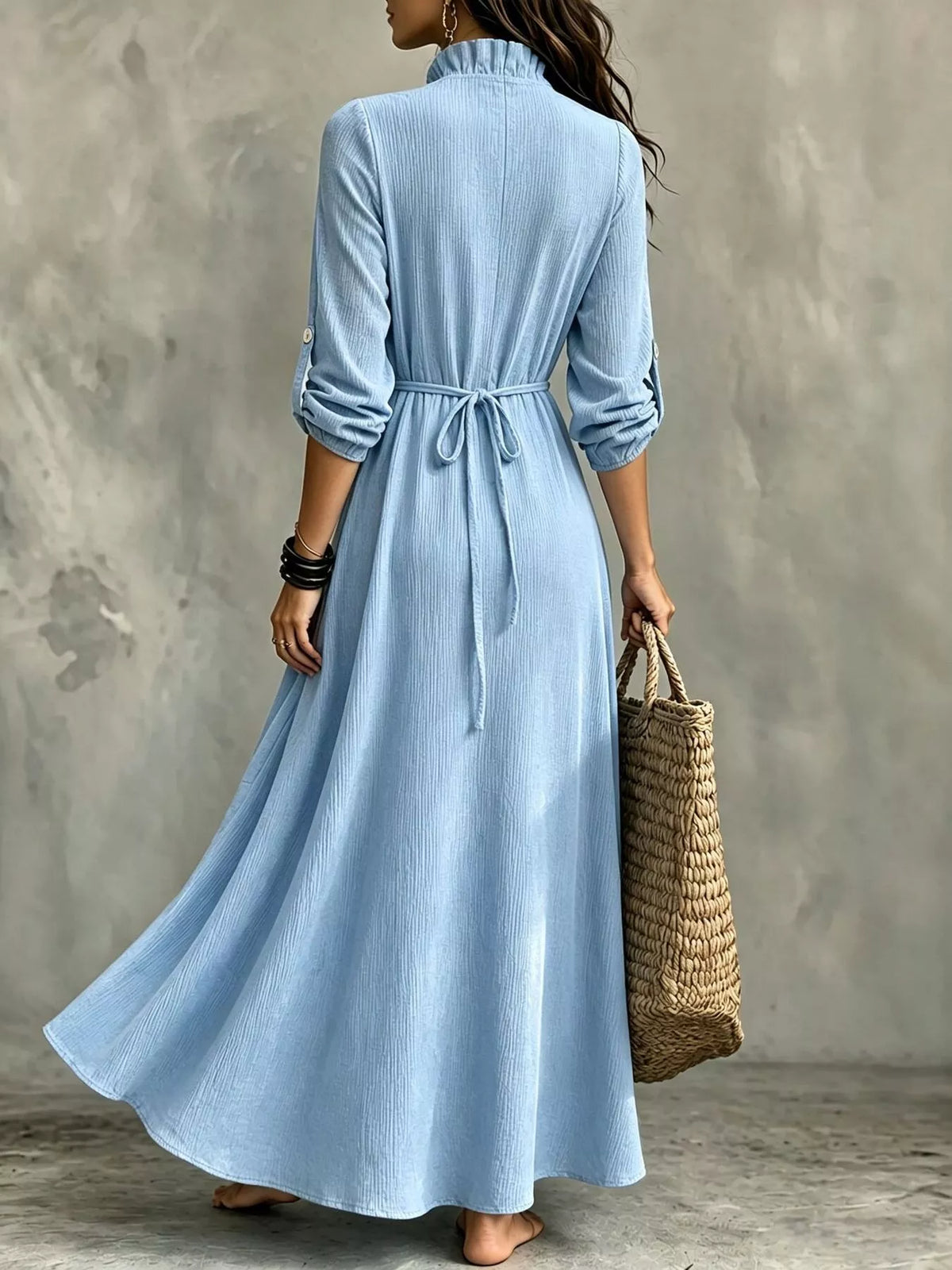 Plus Size V-Neck Maxi Dress with Roll-Up Sleeves