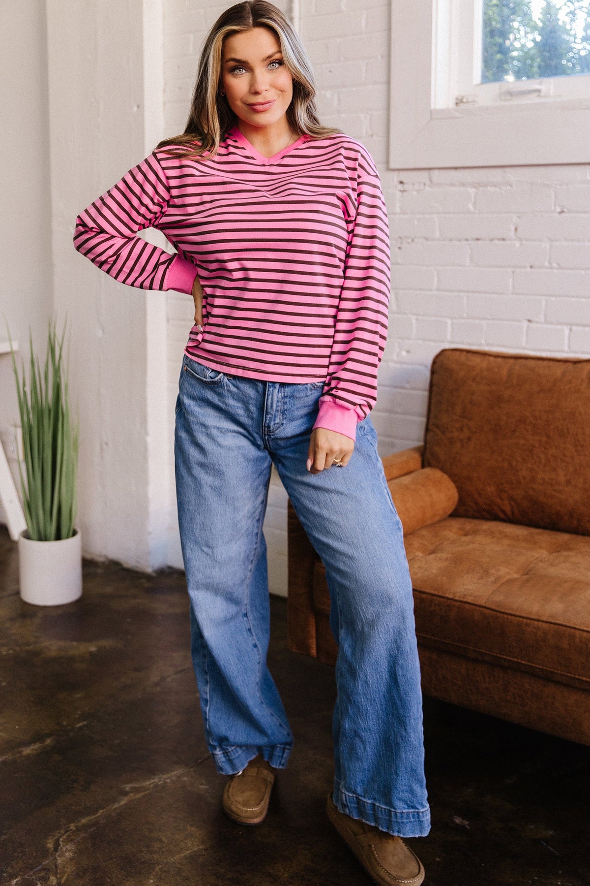 Pink Stripe V Neck Long Sleeve Drop Shoulder Blouse