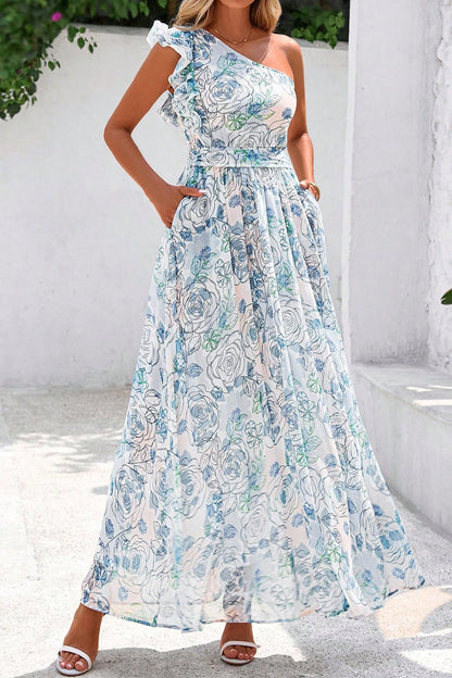 Sky Blue Floral Print Ruffled One Shoulder Vacation Maxi Dress