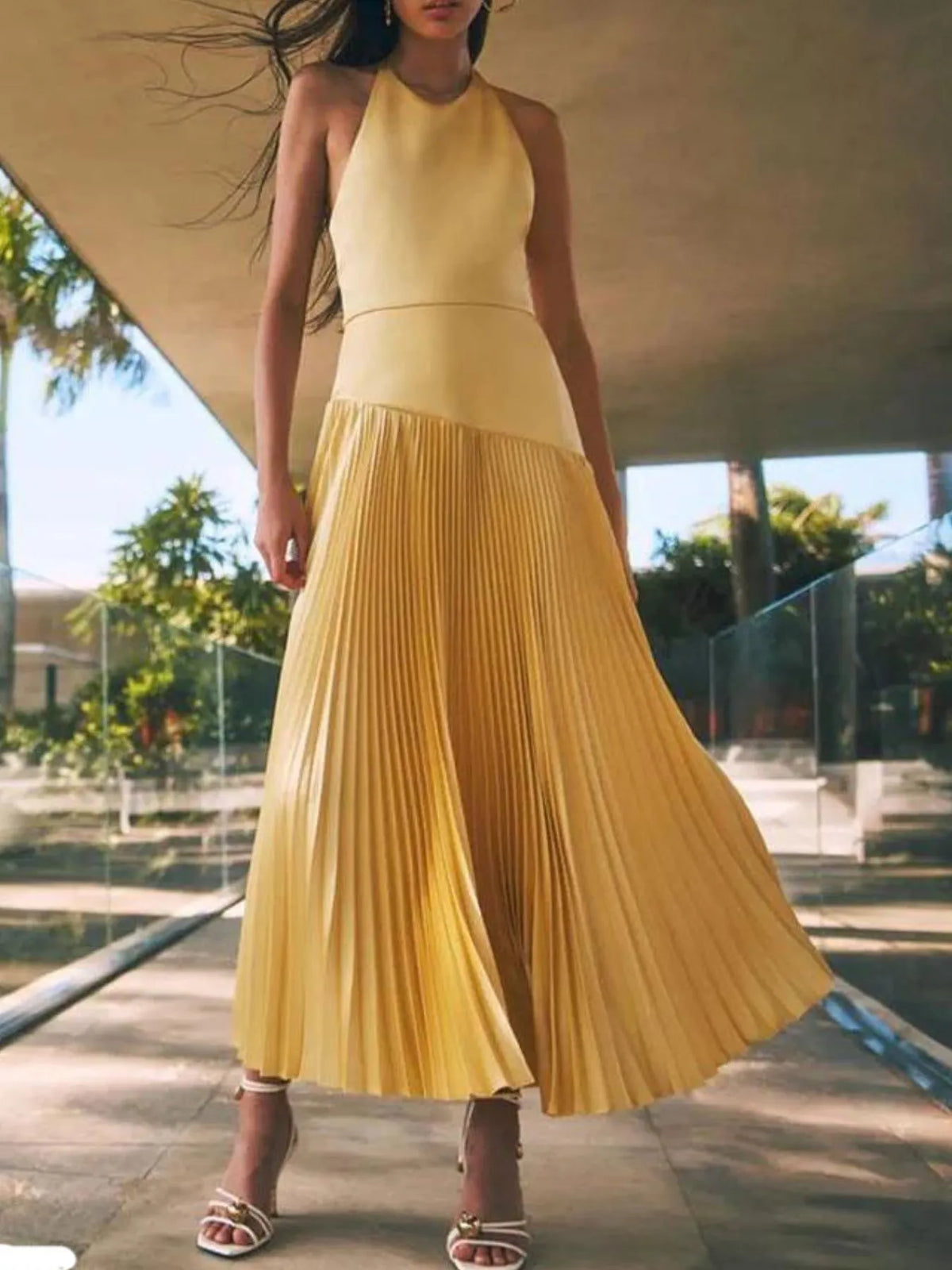 Pleated Halter Neck Maxi Dress