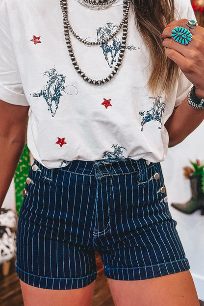 Blue Stripe Metal Button Detail Womens Denim Shorts