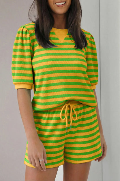 Striped Puff Sleeve Top and Drawstring Shorts Set