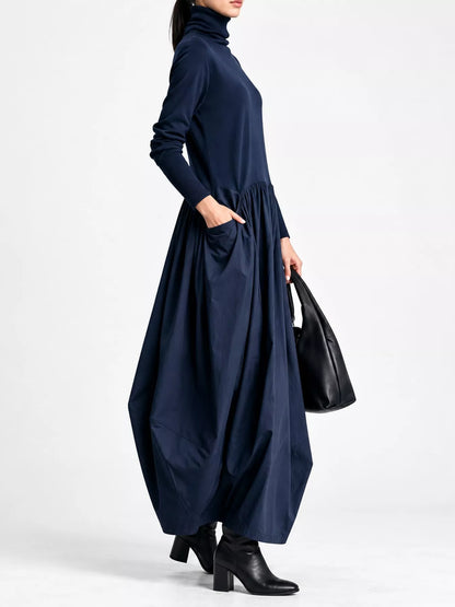 Turtleneck Maxi Dress with Long Sleeves and Pockets