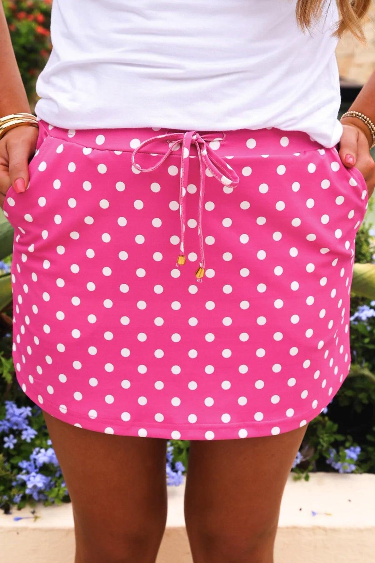 Fiery Red Polka Dot Drawstring Casual Mini Skort