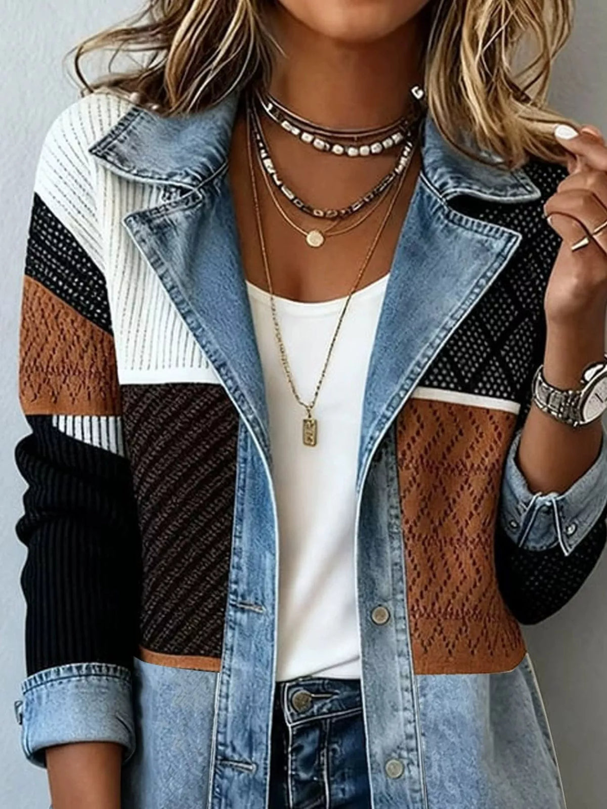 Color-Block Denim and Knit Patchwork Casual Jacket