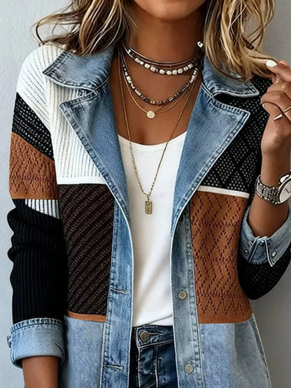 Color-Block Denim and Knit Patchwork Casual Jacket