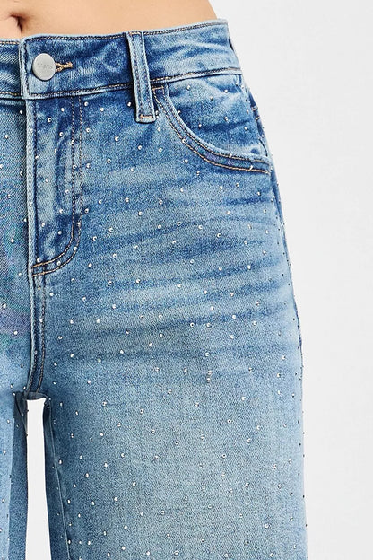 RISEN Slouchy Mid Length All Over Rhinestones Shorts