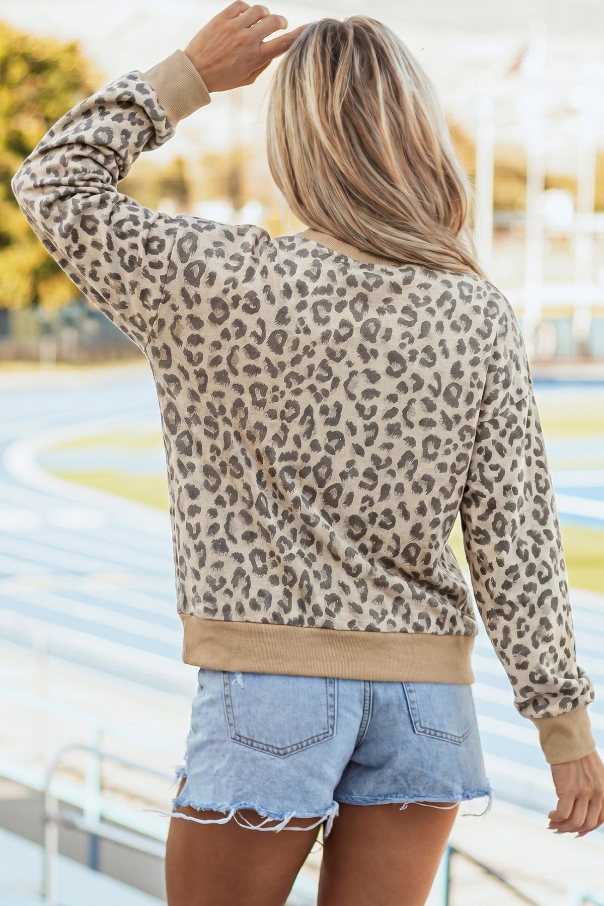 Leopard Print Ribbed Trim Mock Neck Long Sleeve Top