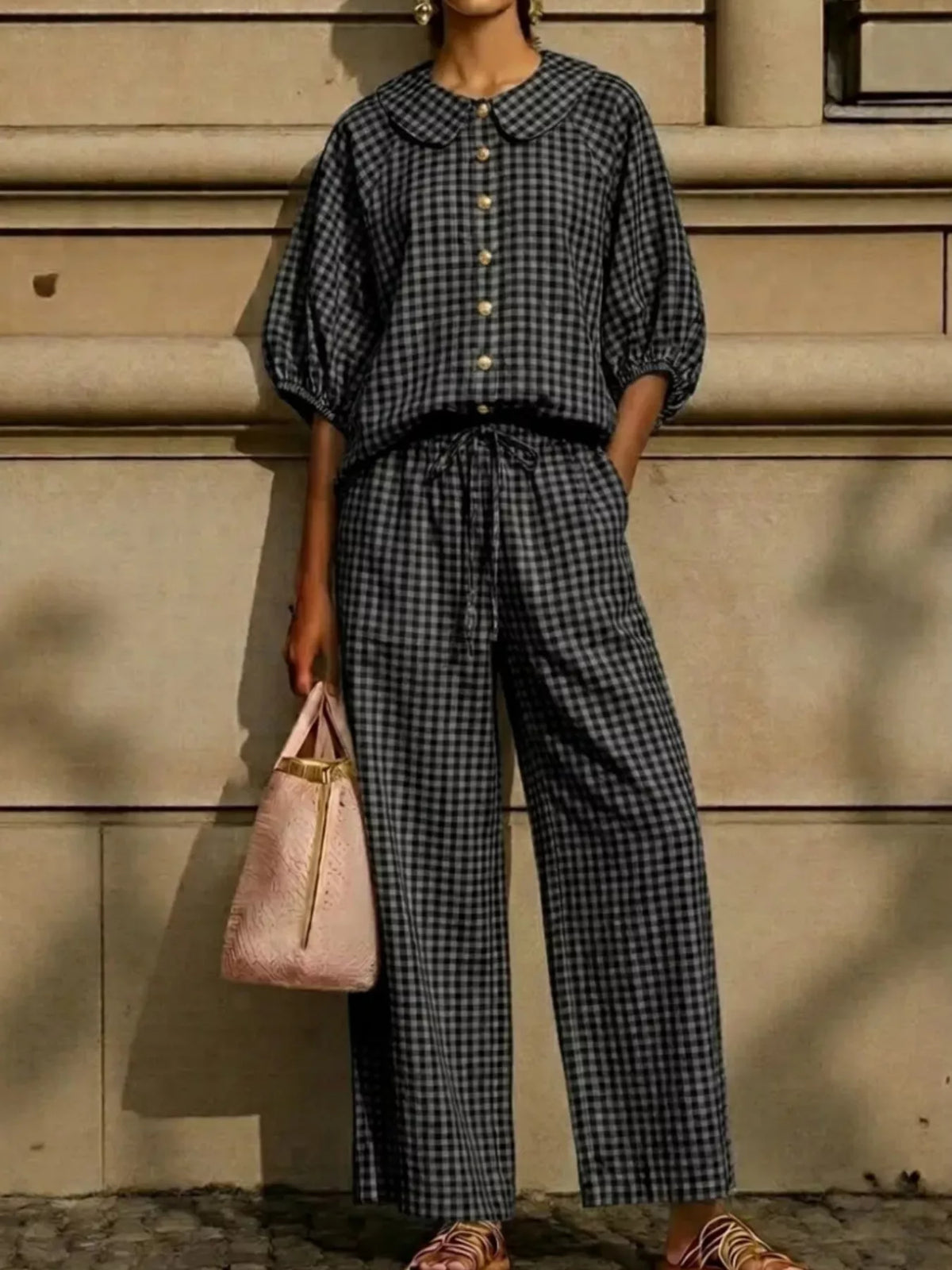 Full Size Plaid Button Up Shirt and Pants Set Plus Size
