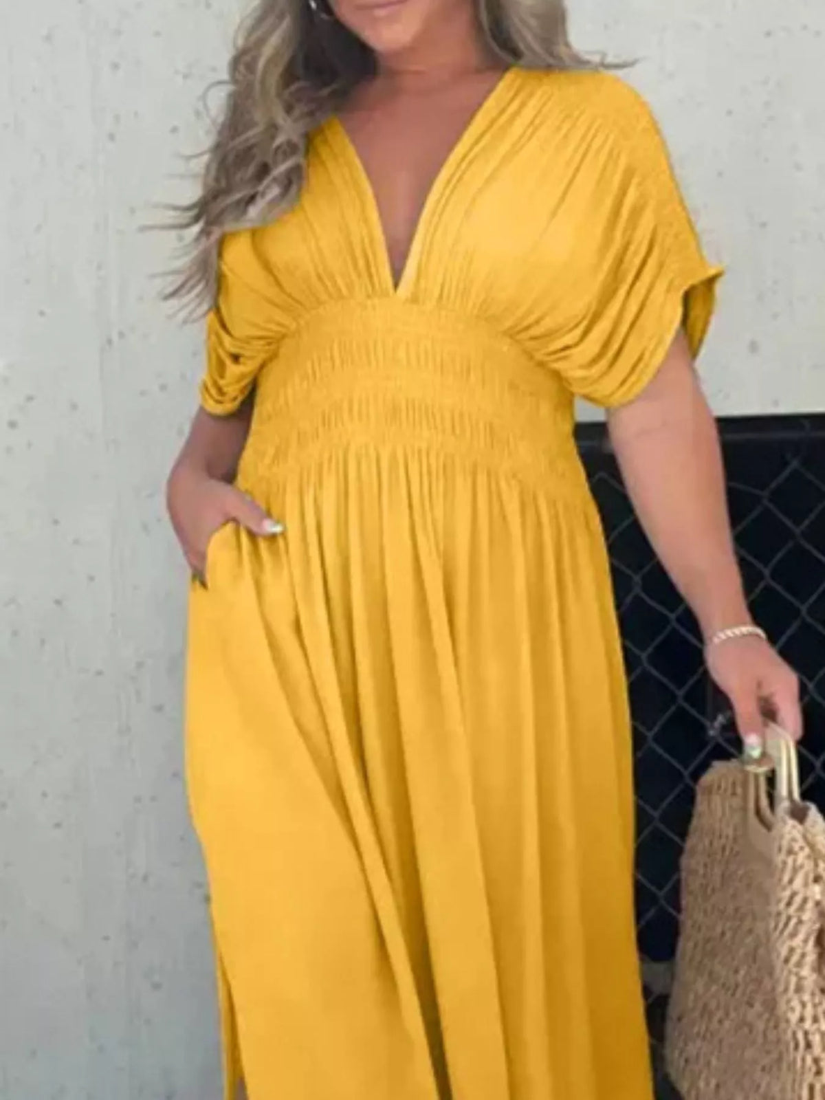 Full Size Slit V-Neck Smocked Waist Maxi Dress Plus Size