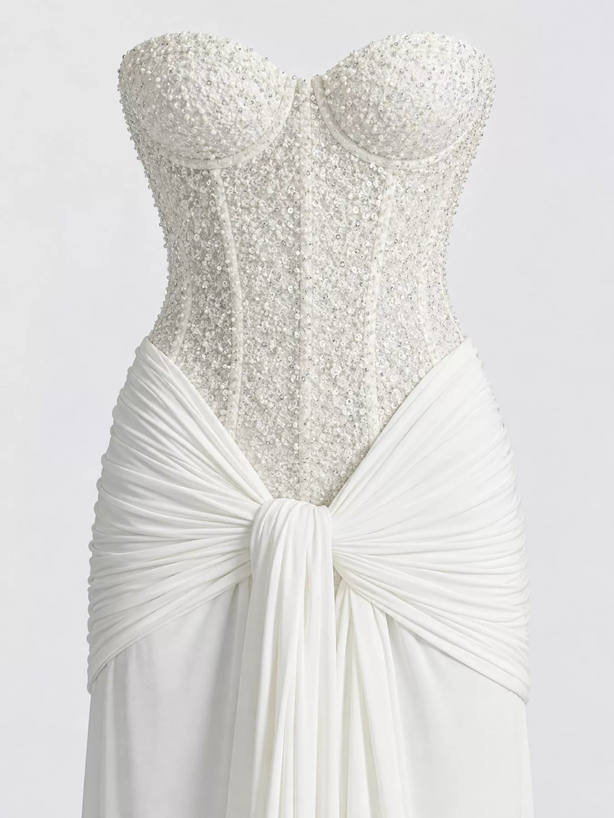 Elegant Strapless Sequin Corset Maxi Dress with Draped Waist Detail