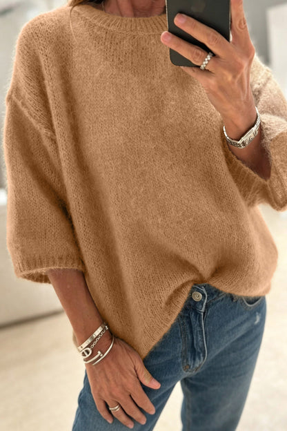 White Solid Color Knit Half Sleeve Round Neck Shift Sweater