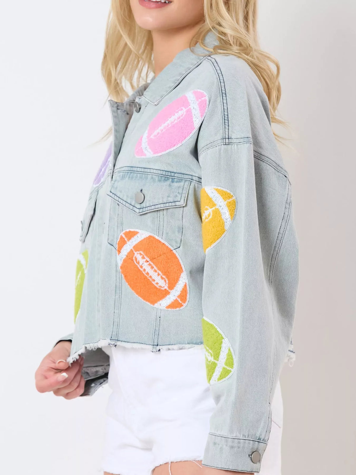 Applique Cropped Denim Jacket with Raw Hem